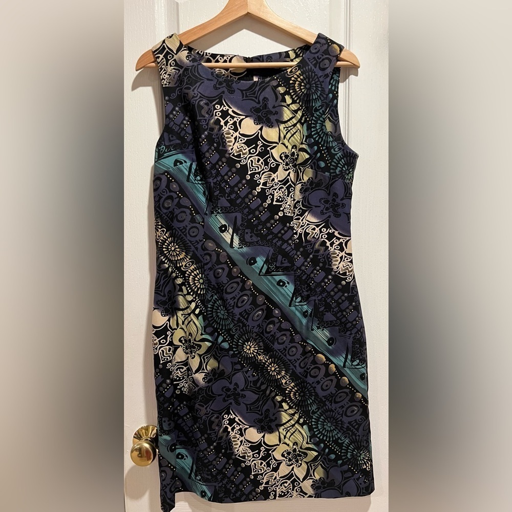 Connected Apparel Black Yellow Abstract Sleeveless Sheath dress Size 10